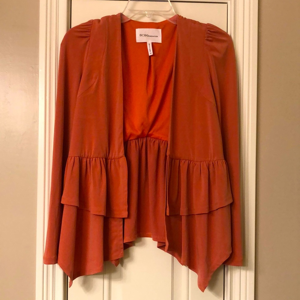 BCBGeneration terracotta tiered ruffle open jacket Sz XS
